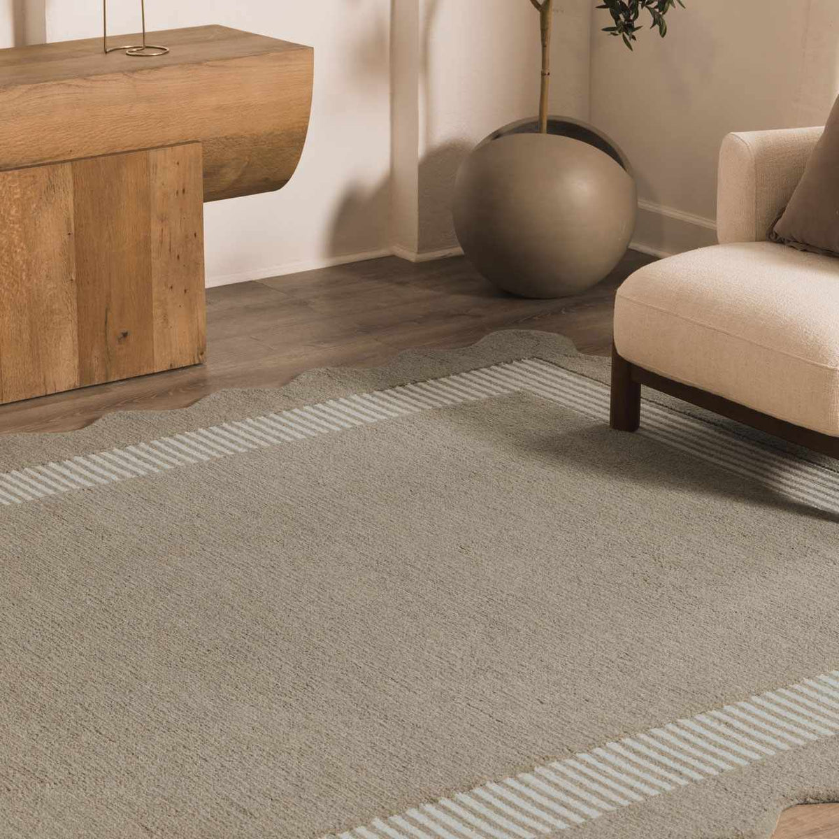 Fanae Beige Border Hand Tufted Wool Area Rug