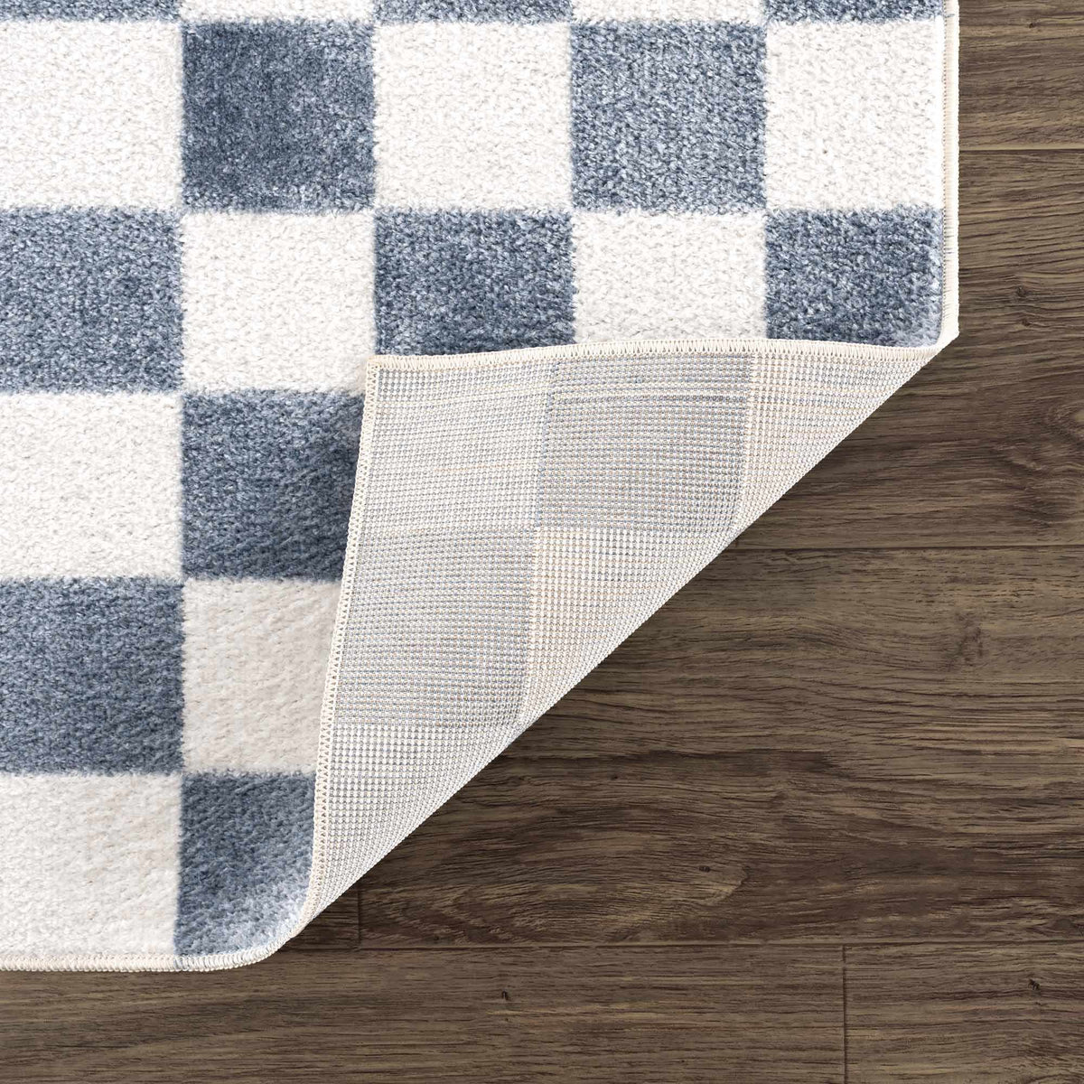 Brone Blue Checkered Washable Rug