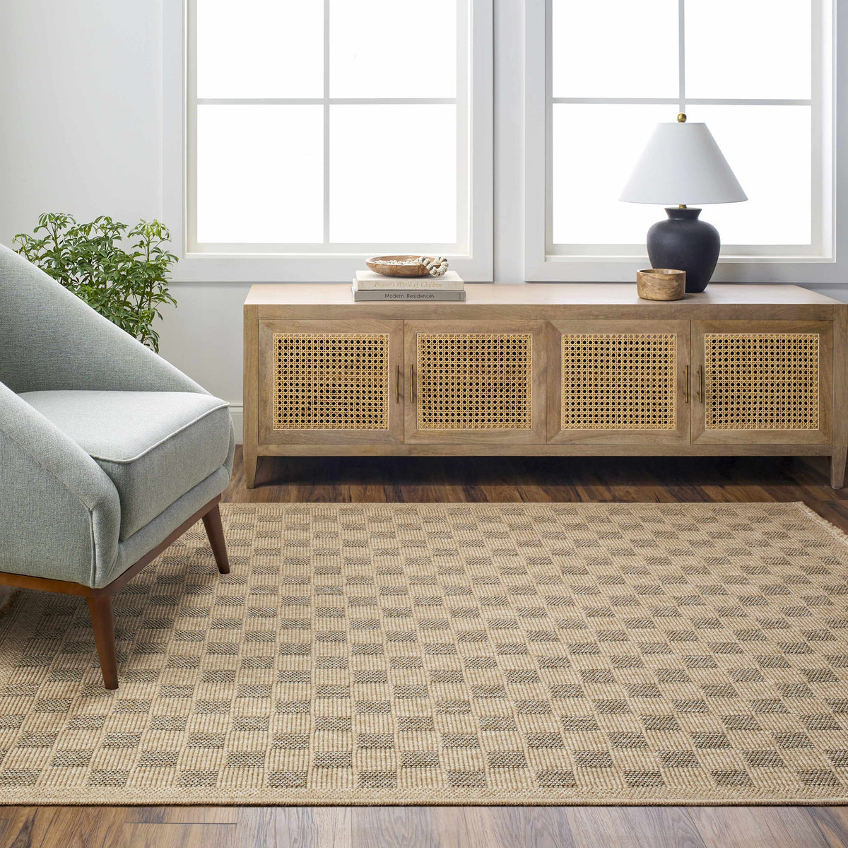 Jurek Beige & Brown Checkered Outdoor Area Rug