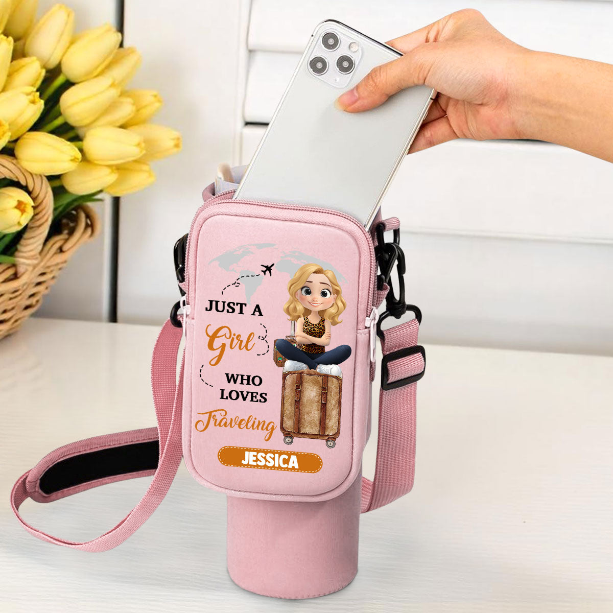 A Girl Loves Traveling - Personalized 40oz Water Bottle Carrier Bag