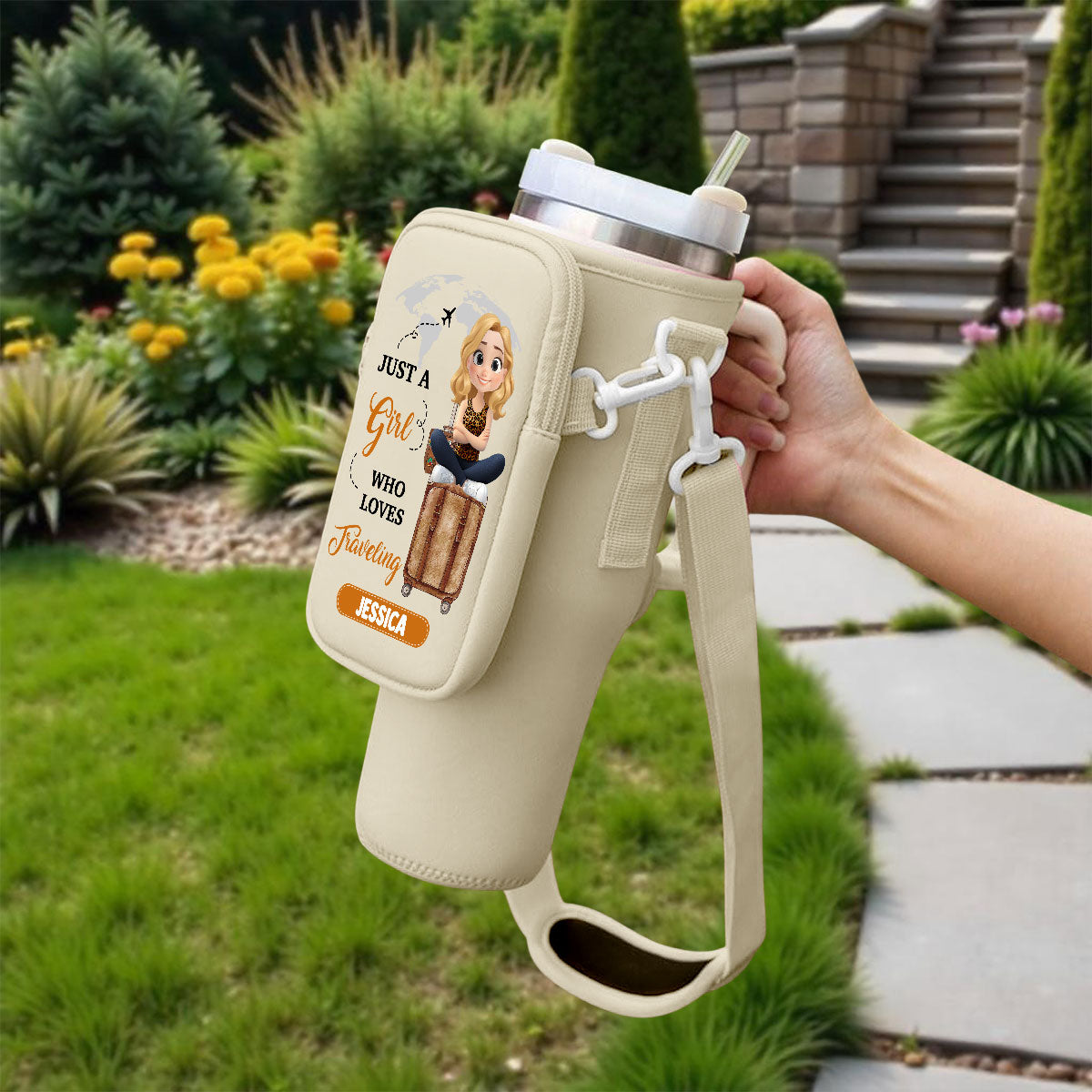 A Girl Loves Traveling - Personalized 40oz Water Bottle Carrier Bag