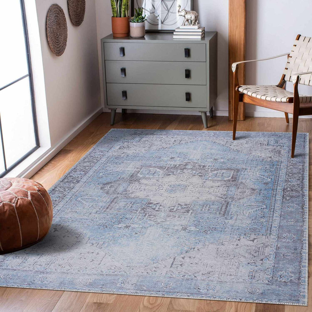 Ice Blue Flat Pile Washable Rug