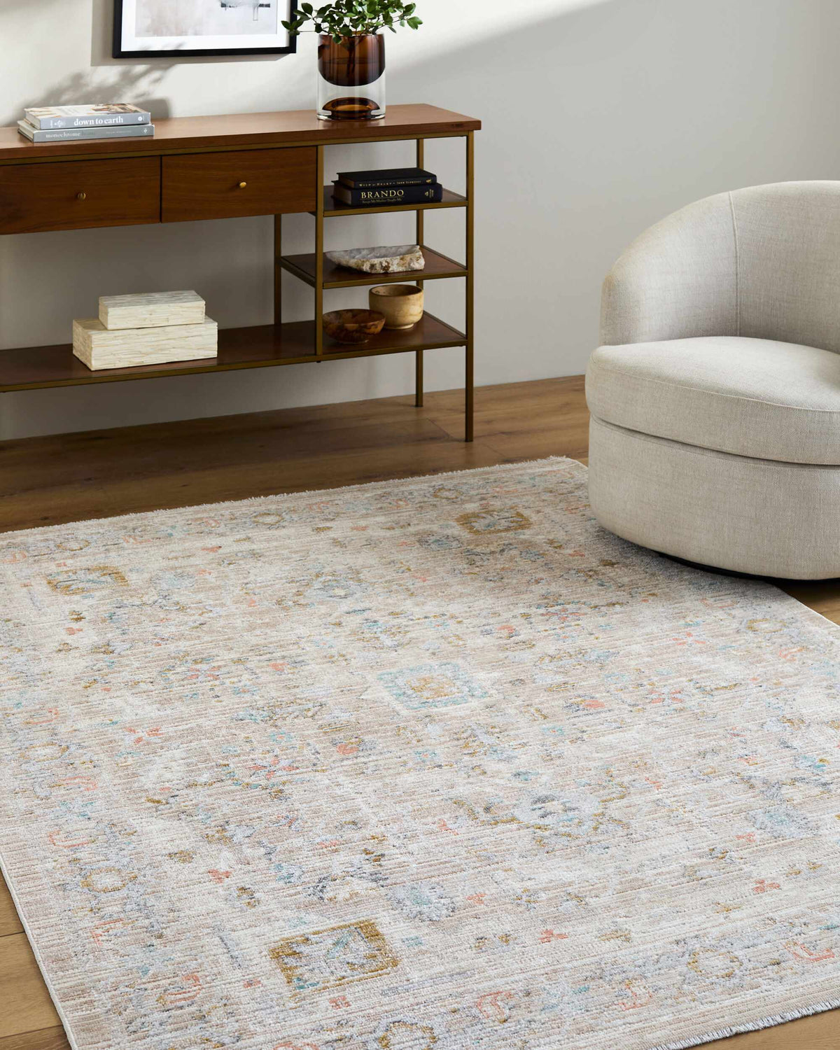 Kehea Beige Medallion Machine Woven Polypropylene Washable Area Rug