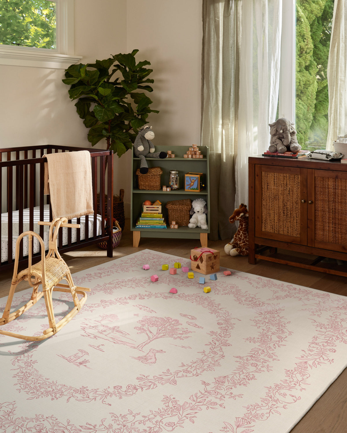 Bashful Bunny Toile Pink Flatwoven Rug