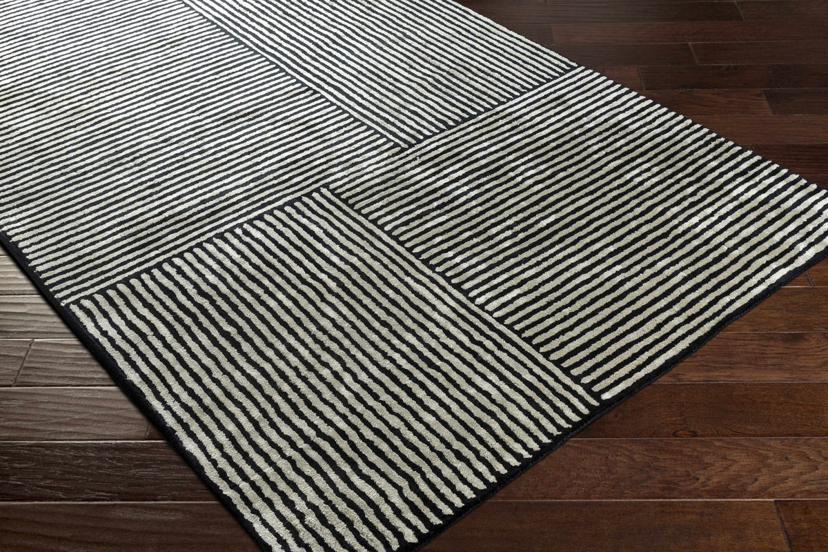Black&White Striped Sheen Viscose Area Rug