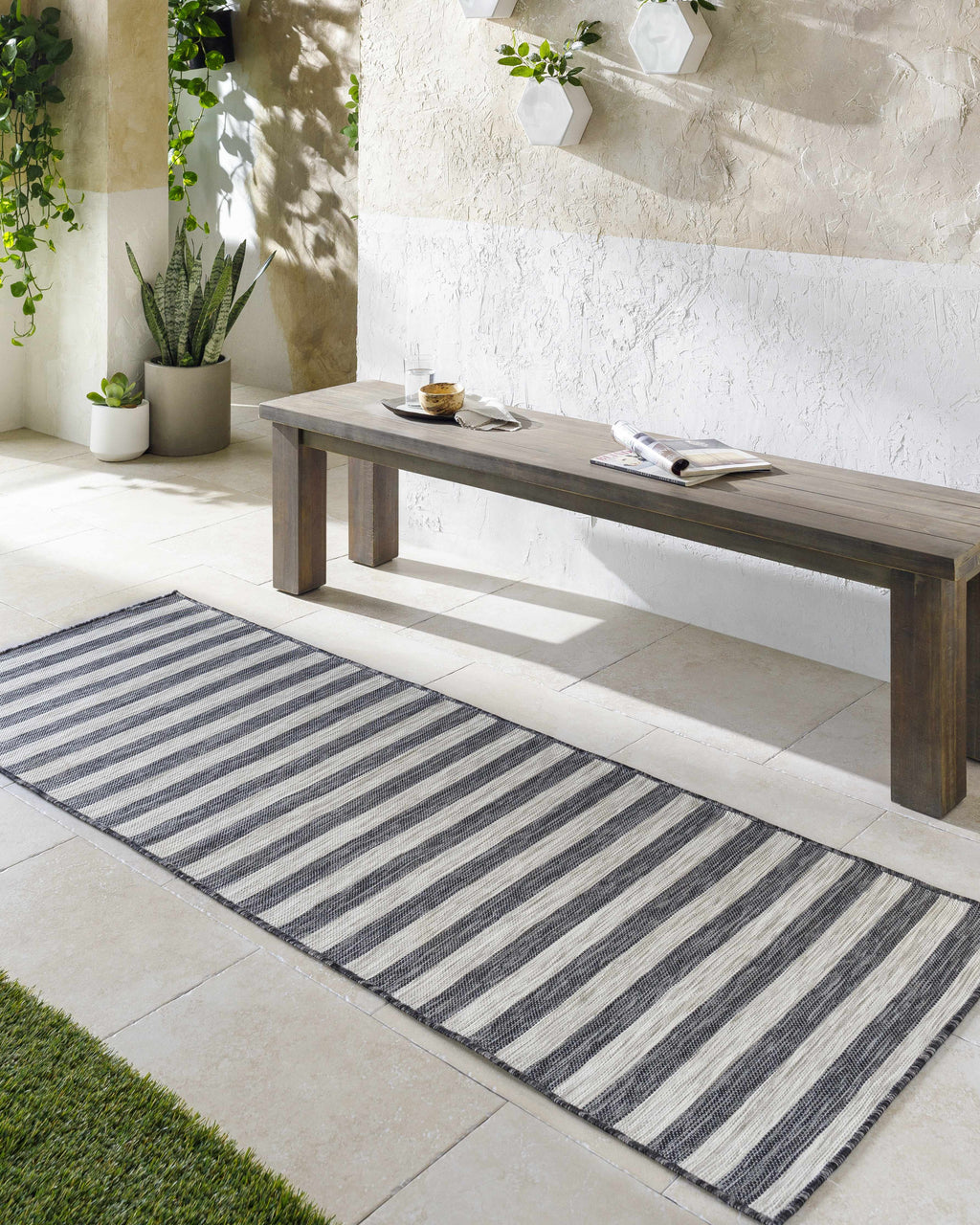 Bongaree Black&Gray Striped Flatweave Outdoor Carpet - Clearance