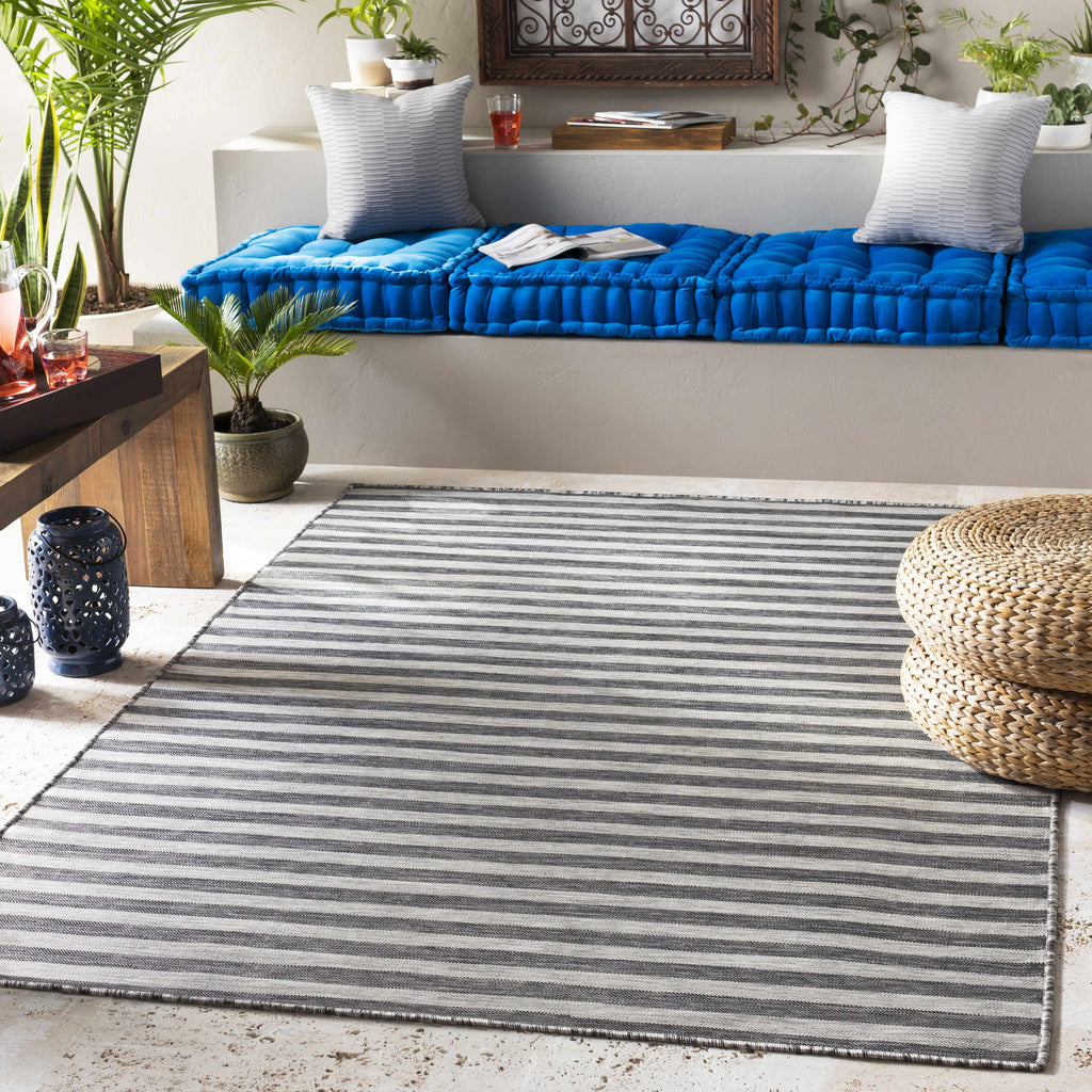 Bongaree Black&Gray Striped Flatweave Outdoor Carpet - Clearance