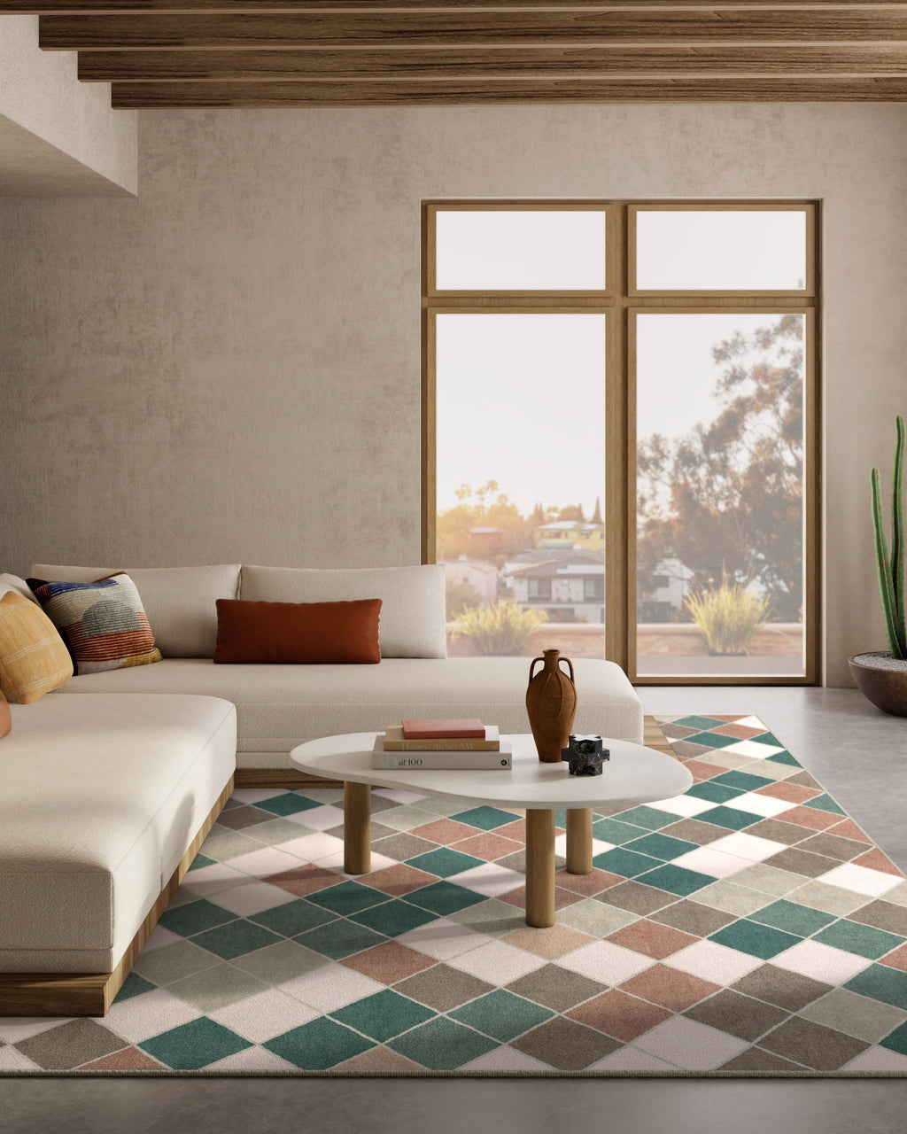 Diamond Mosaic Neutral Teal Flatwoven Rug