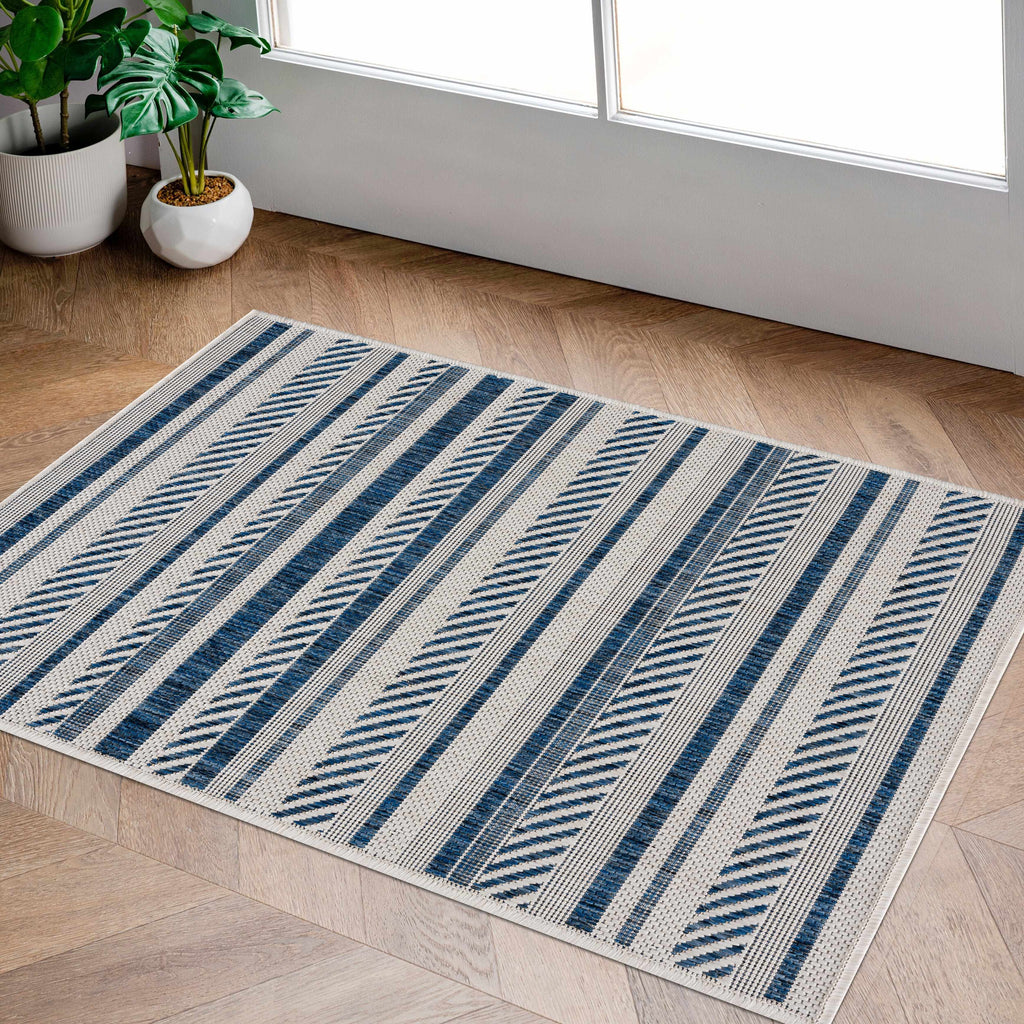 Olin White&Blue Striped Nordic Outdoor Rug