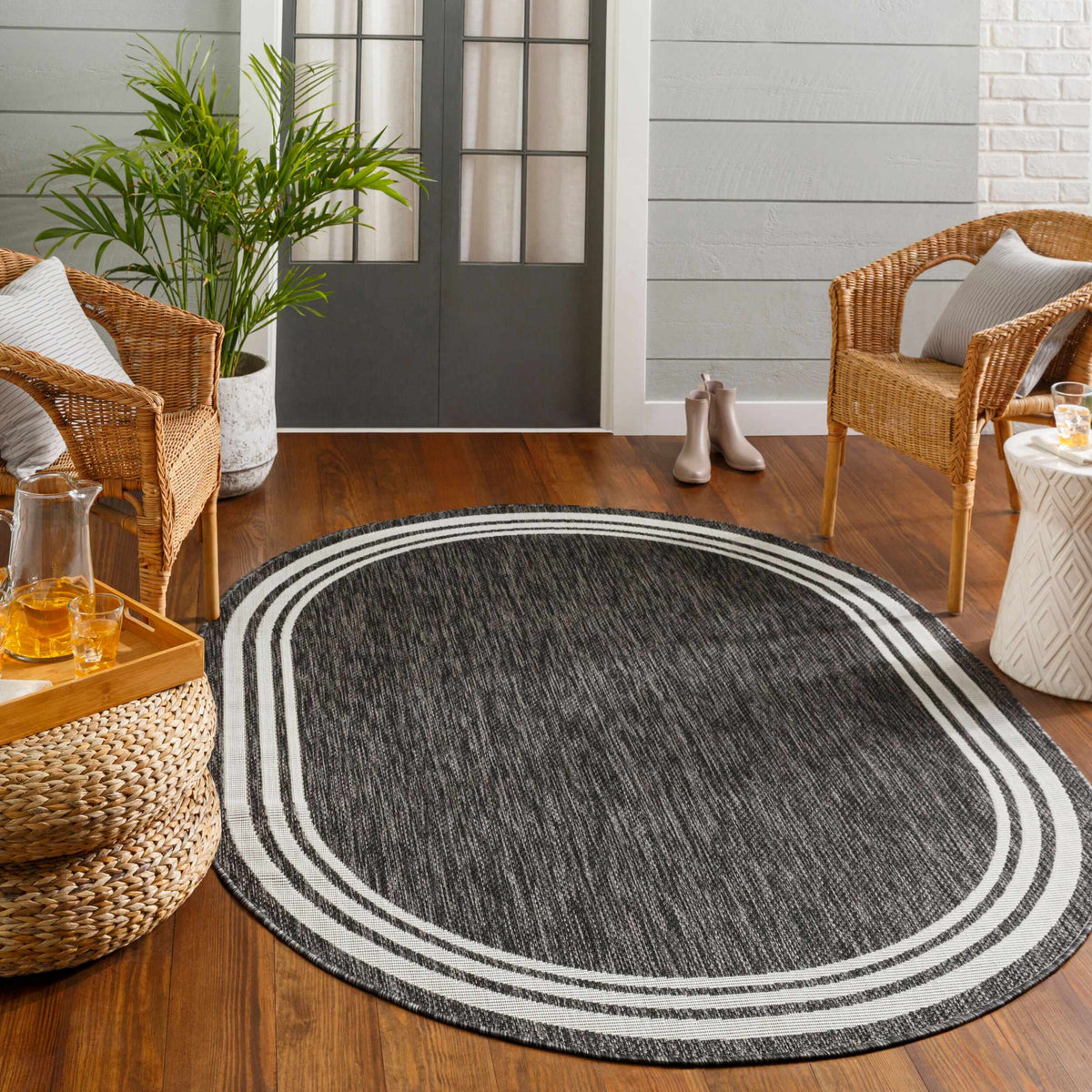 Coonamble Bordered Anthracite Outdoor Rug