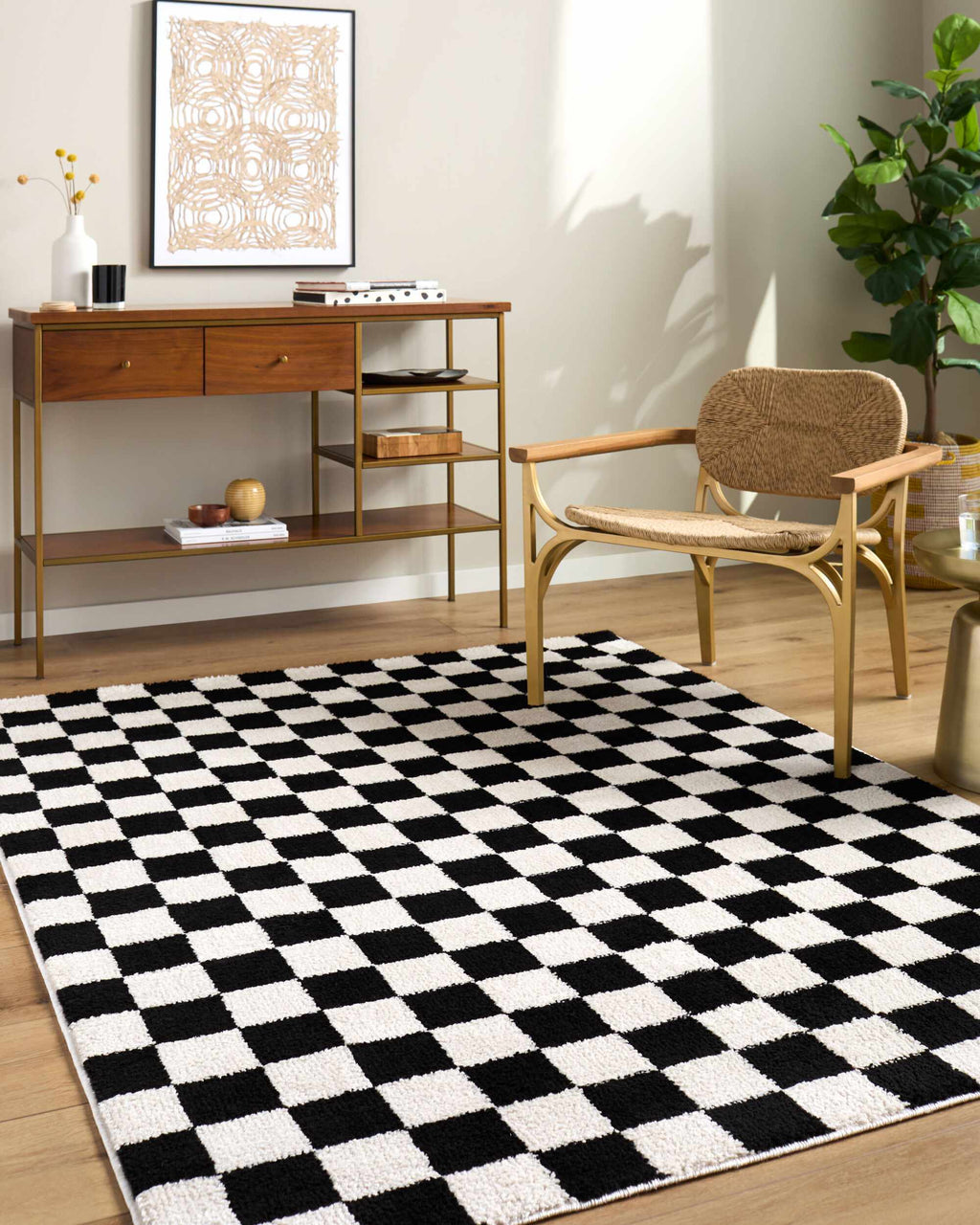 Naye Cream Color Block Machine Woven Polyester Washable Area Rug