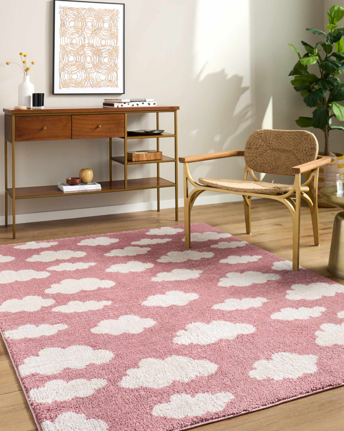 Dawo Pink Abstract Machine Woven Polyester Washable Area Rug