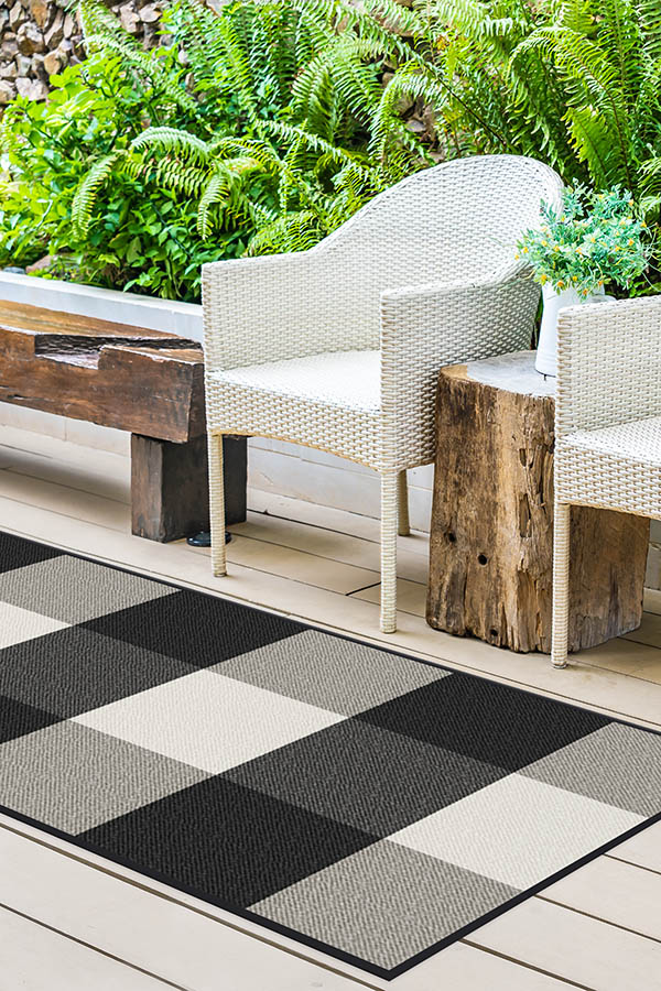 Gingham Plaid Black & White Outdoor Rug
