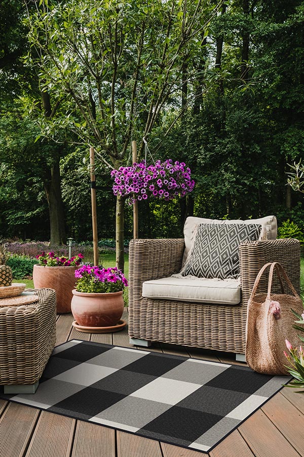 Gingham Plaid Black & White Outdoor Rug