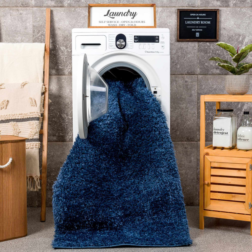 Faina Solid Dark Blue Shag Washable Area Rug