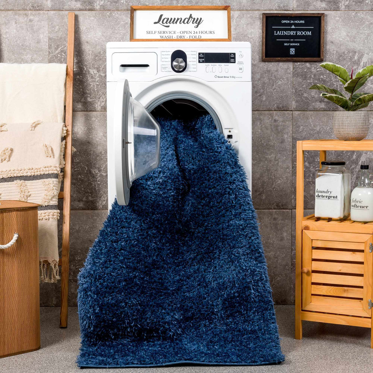 Faina Solid Dark Blue Shag Washable Area Rug