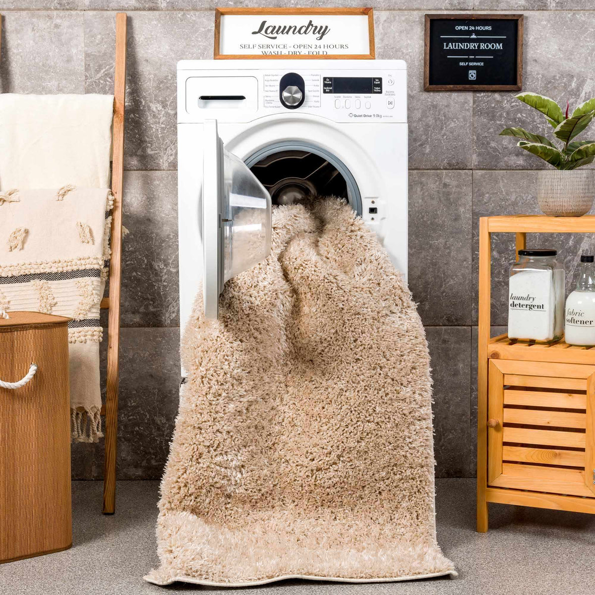 Faina Solid Beige Shag Washable Area Rug - Clearance