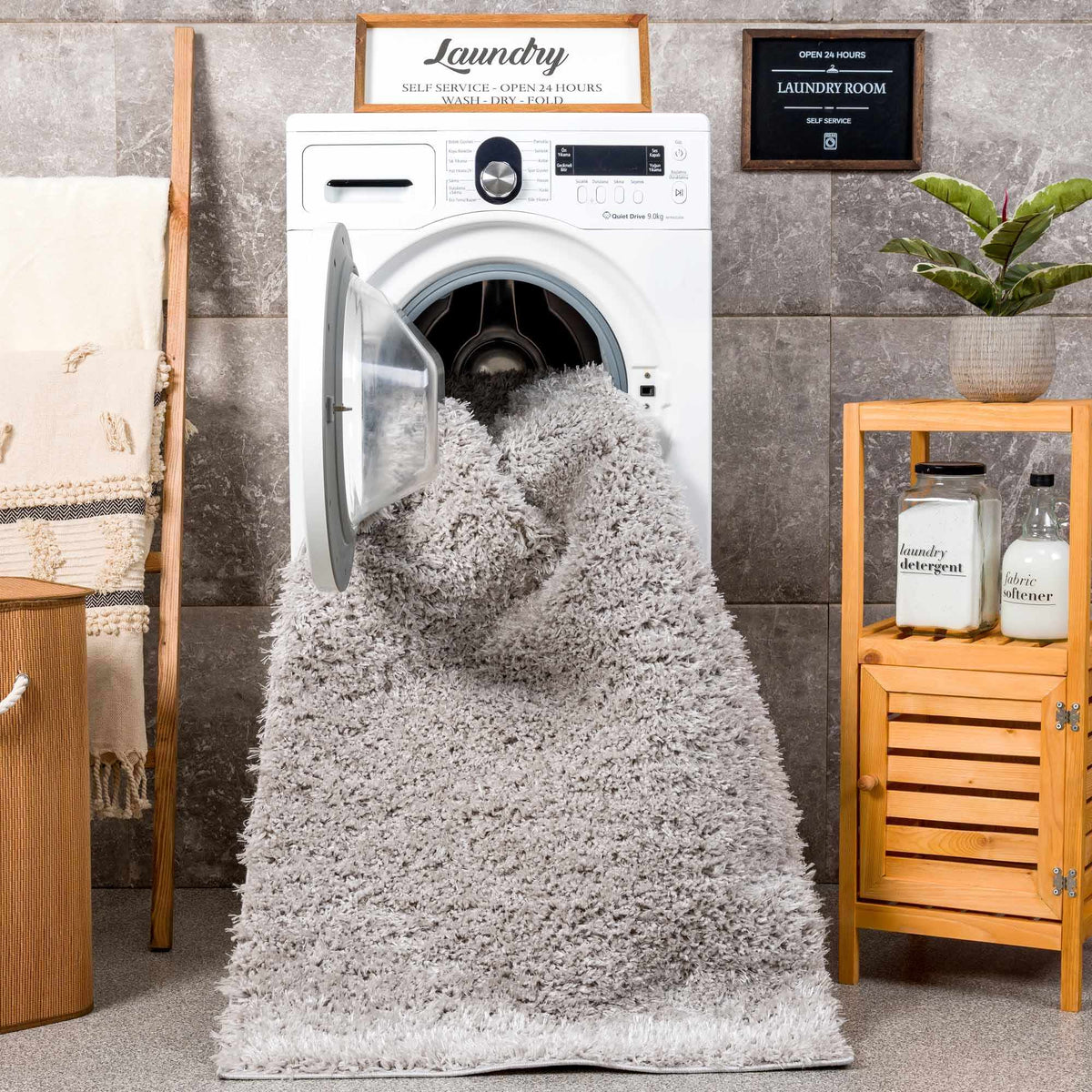 Faina Solid Light Gray Shag Washable Area Rug