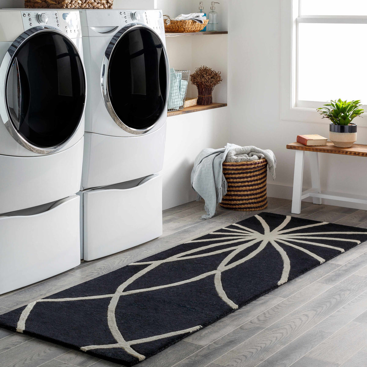 Davison Black Geometric Wool Carpet