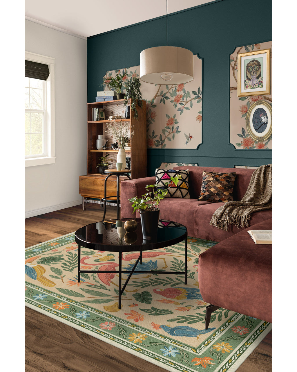 Birds Of A Feather Green & Peach Flatwoven Rug by Iris Apfel