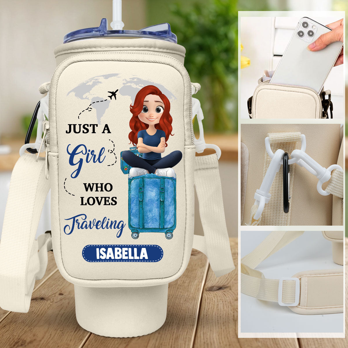 A Girl Loves Traveling - Personalized 40oz Water Bottle Carrier Bag
