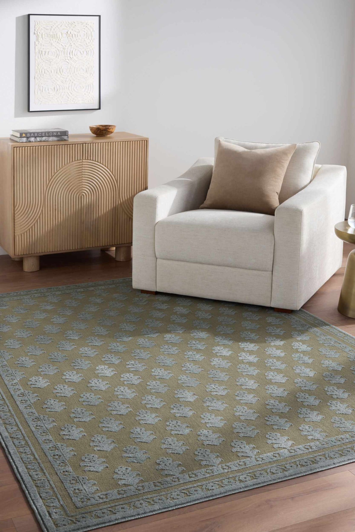 Darwid Green Damask Washable Area Rug