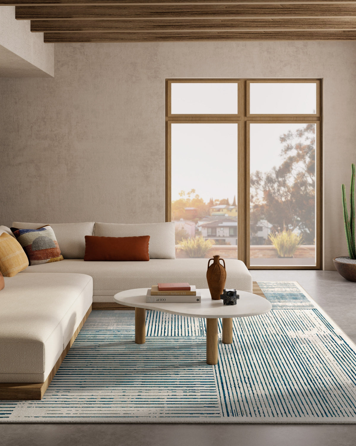 Linear Oasis Ivory & Blue Rug