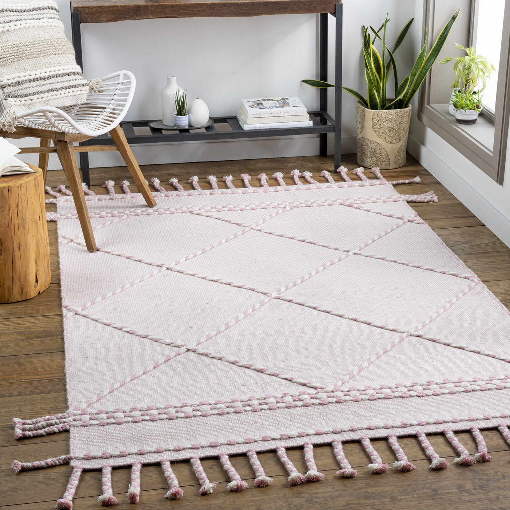 Lupton Pink Trellis Wool Rug with tassels - Clearance
