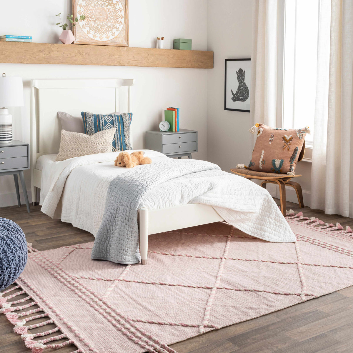 Lupton Pink Trellis Wool Rug with tassels - Clearance