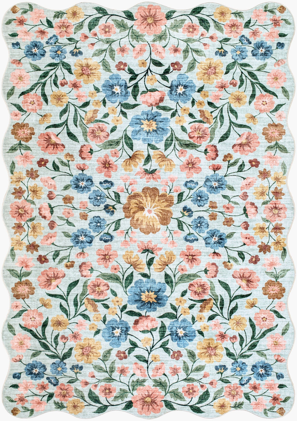 Powbl Blue Floralnature Machine Woven Polyester Washable Area Rug