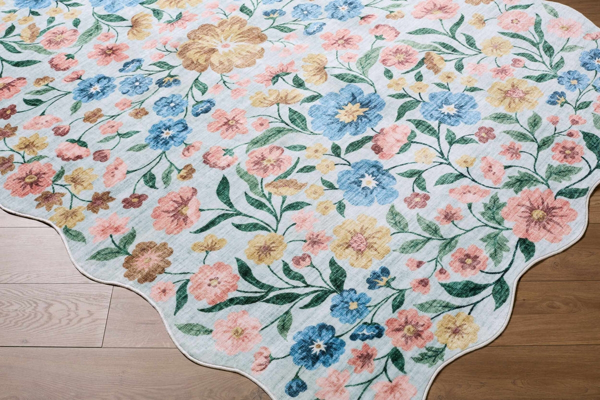 Powbl Blue Floralnature Machine Woven Polyester Washable Area Rug