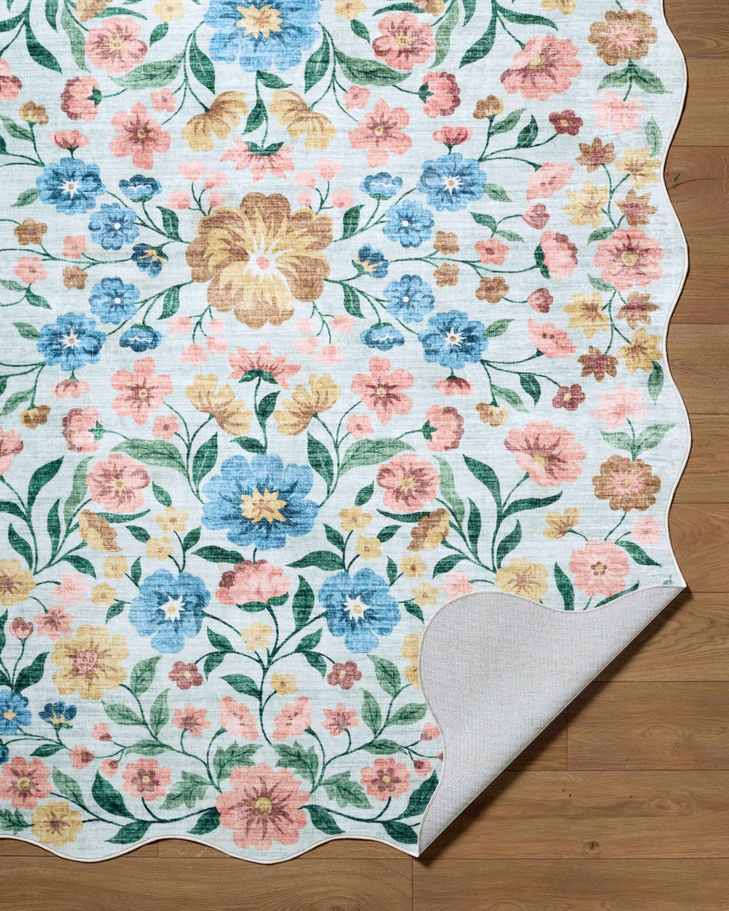 Powbl Blue Floralnature Machine Woven Polyester Washable Area Rug