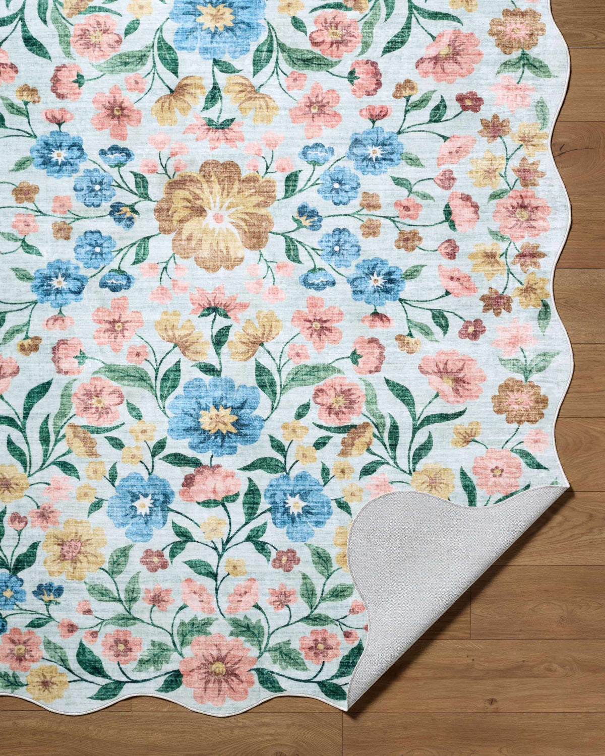 Powbl Blue Floralnature Machine Woven Polyester Washable Area Rug