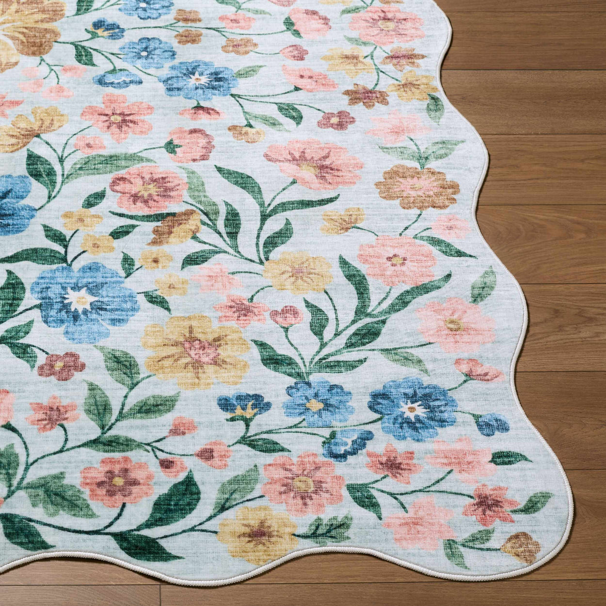 Powbl Blue Floralnature Machine Woven Polyester Washable Area Rug