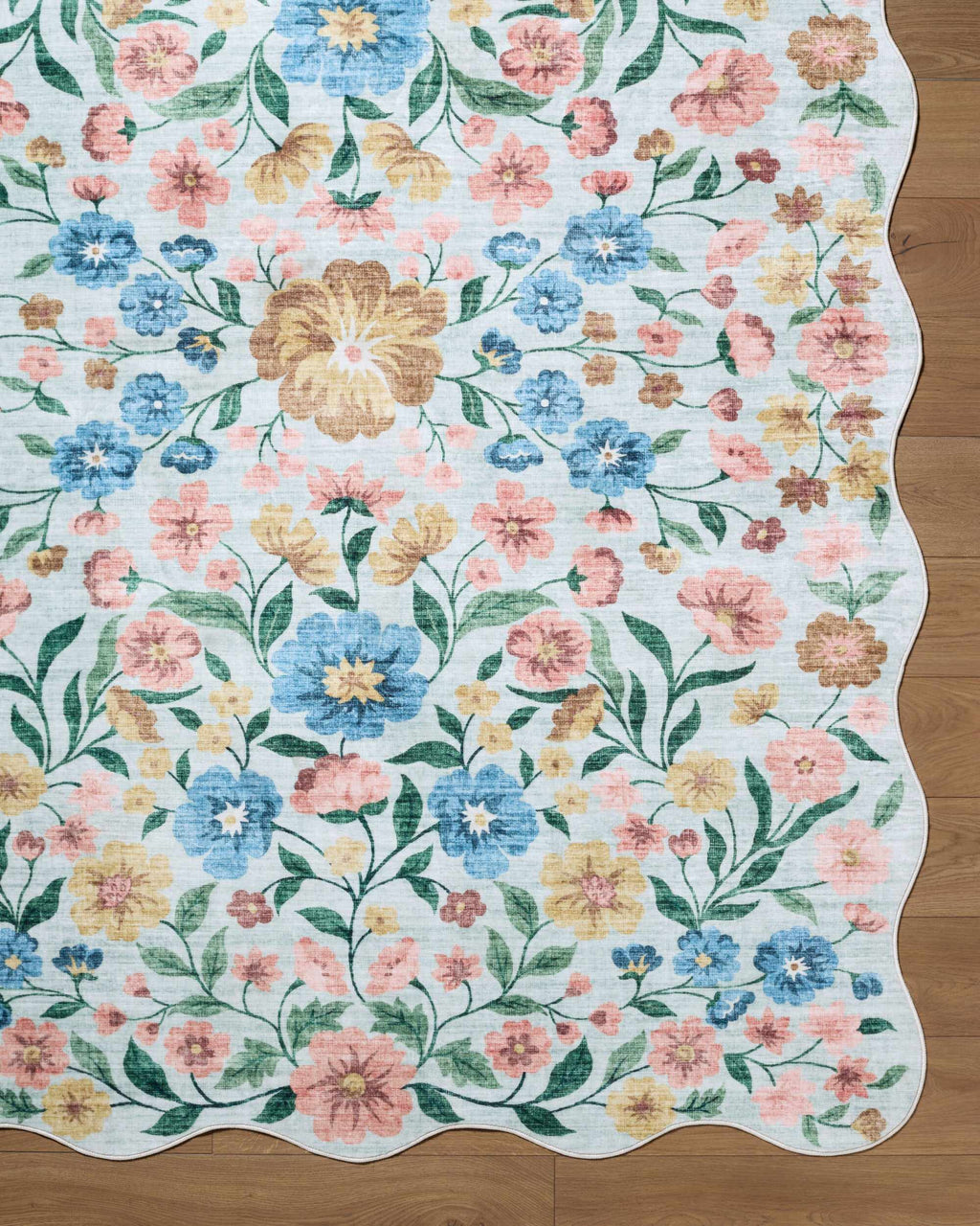 Powbl Blue Floralnature Machine Woven Polyester Washable Area Rug