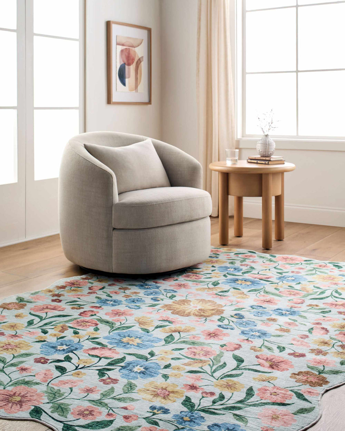 Powbl Blue Floralnature Machine Woven Polyester Washable Area Rug
