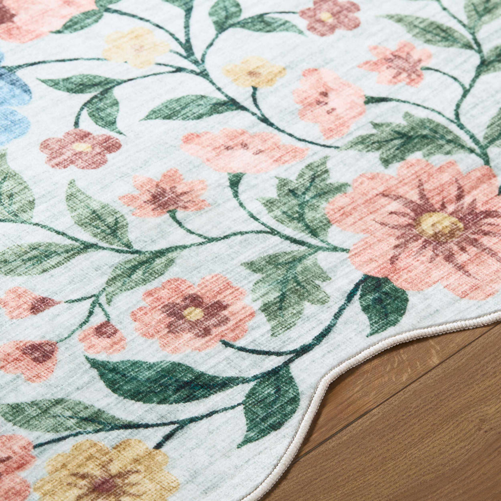 Powbl Blue Floralnature Machine Woven Polyester Washable Area Rug