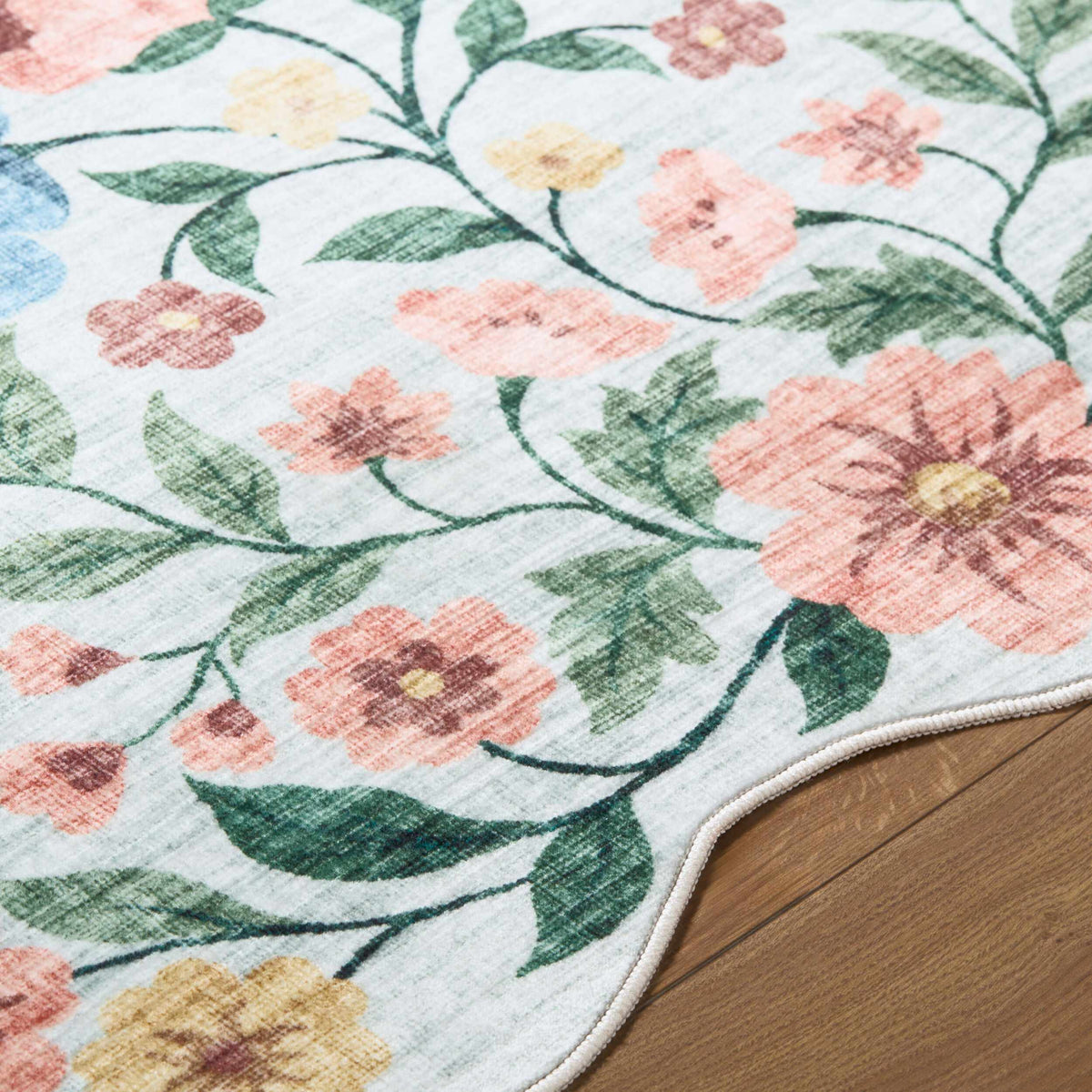Powbl Blue Floralnature Machine Woven Polyester Washable Area Rug