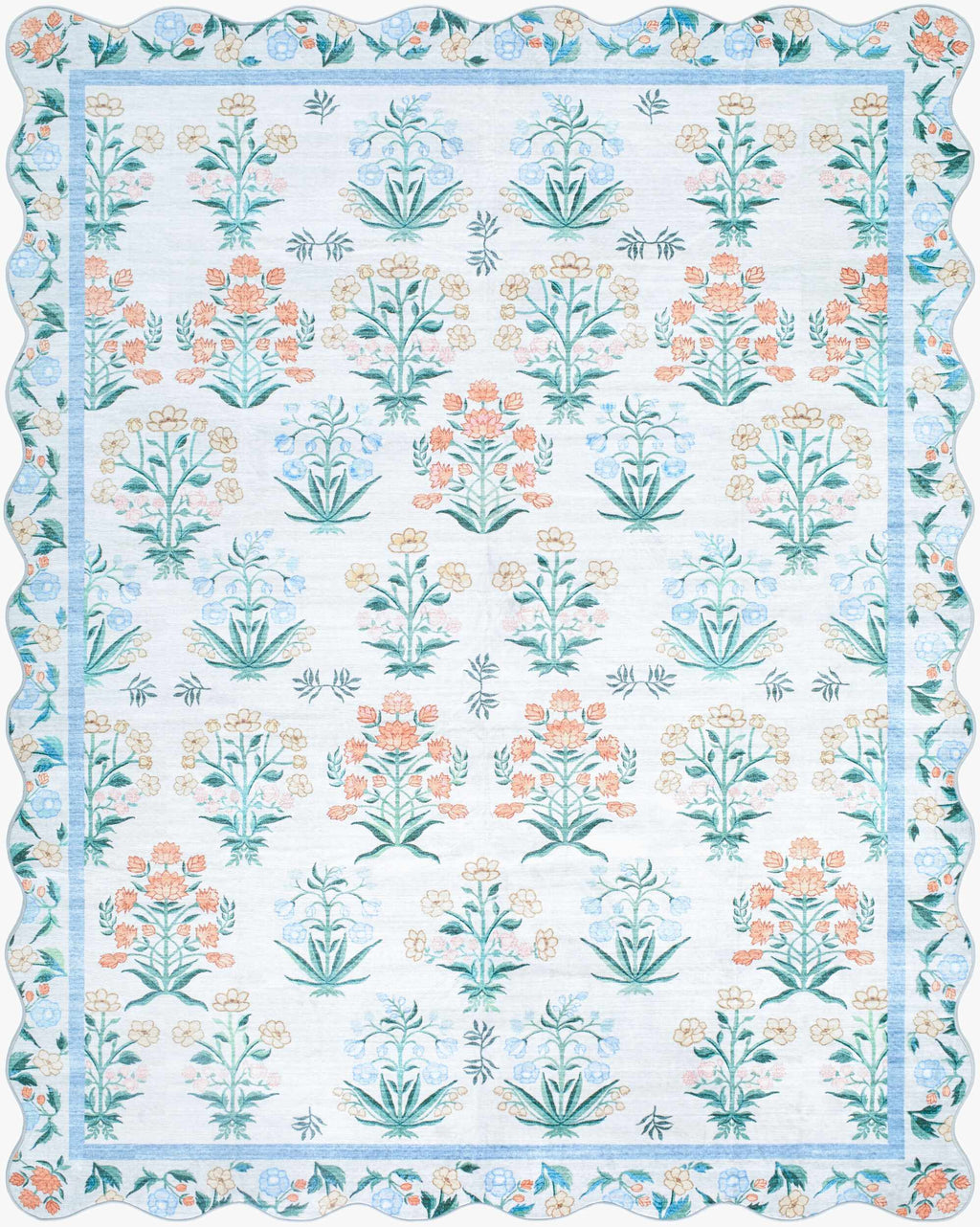 Hevua Blue Floralnature Machine Woven Polyester Washable Area Rug