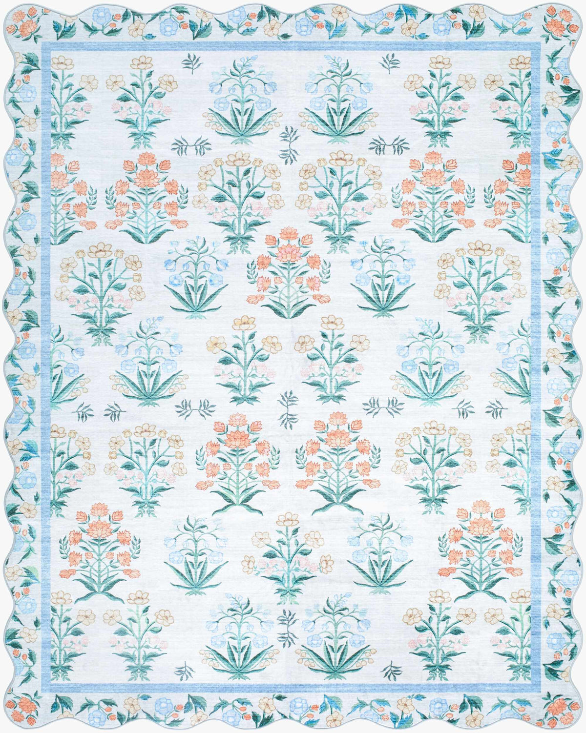 Hevua Blue Floralnature Machine Woven Polyester Washable Area Rug