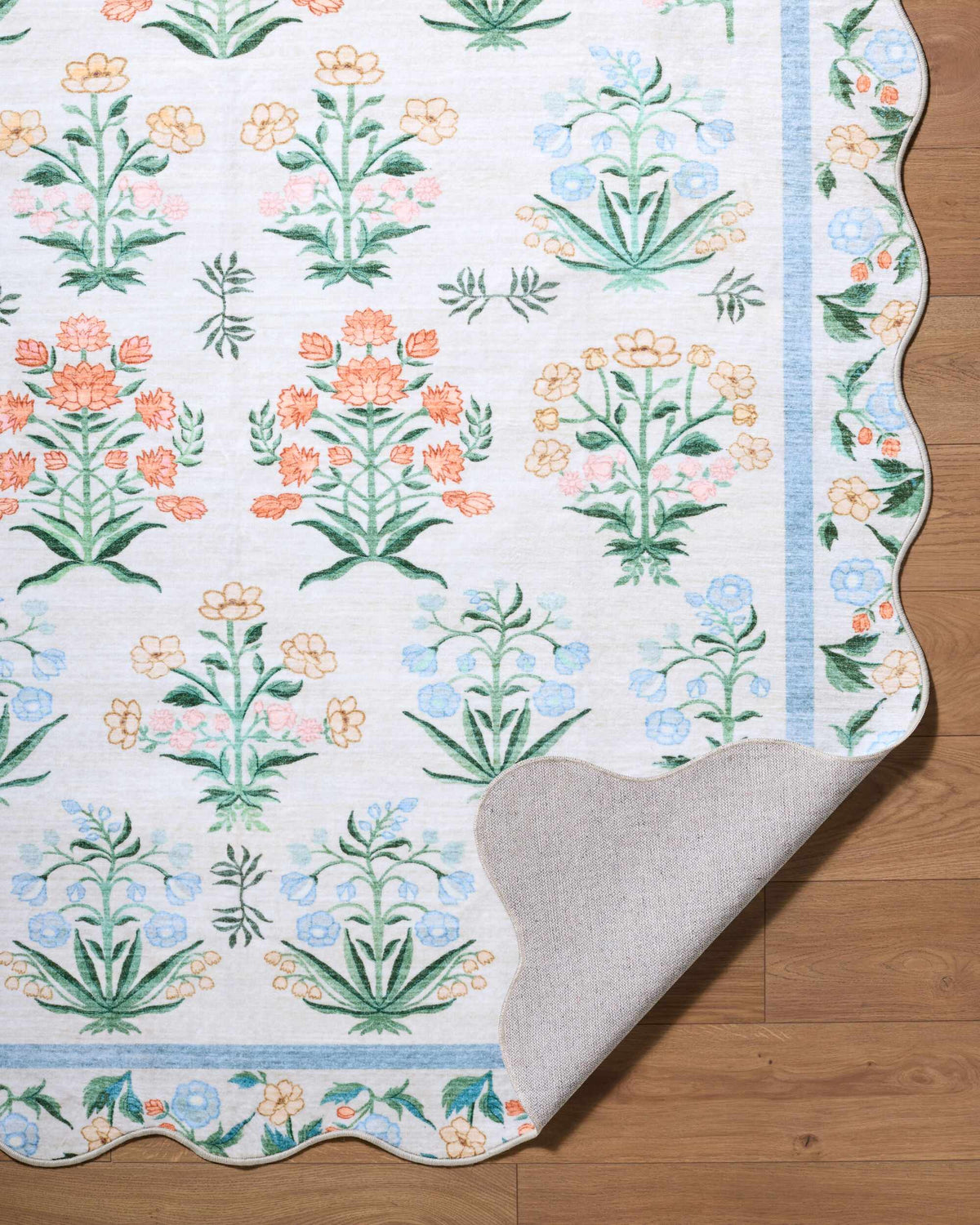 Hevua Blue Floralnature Machine Woven Polyester Washable Area Rug