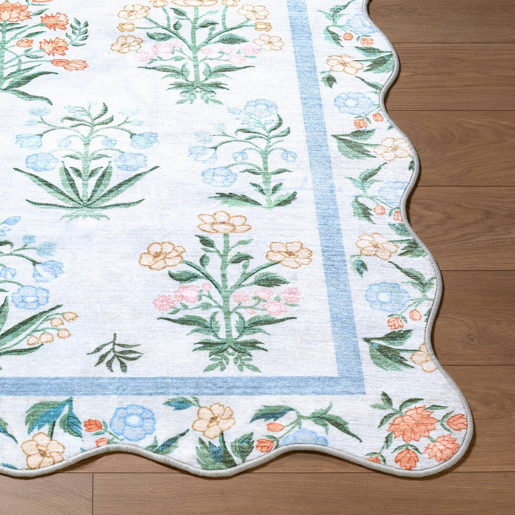 Hevua Blue Floralnature Machine Woven Polyester Washable Area Rug