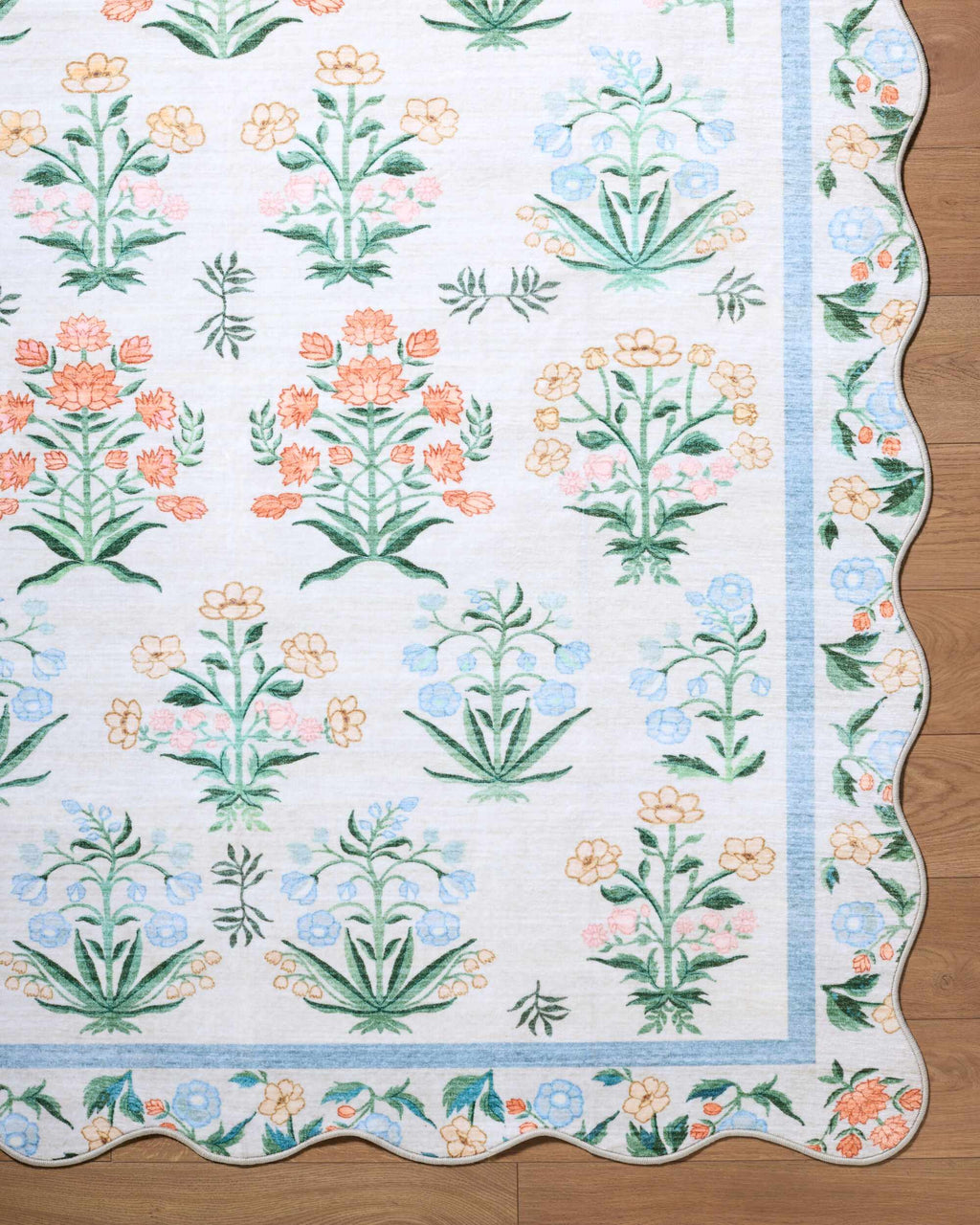 Hevua Blue Floralnature Machine Woven Polyester Washable Area Rug