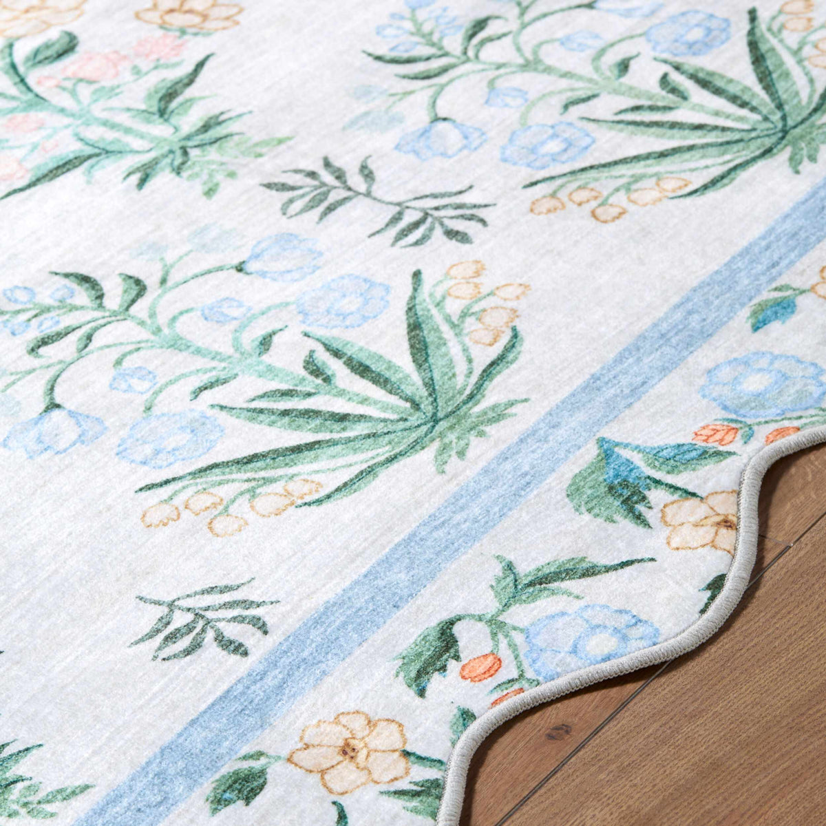 Hevua Blue Floralnature Machine Woven Polyester Washable Area Rug