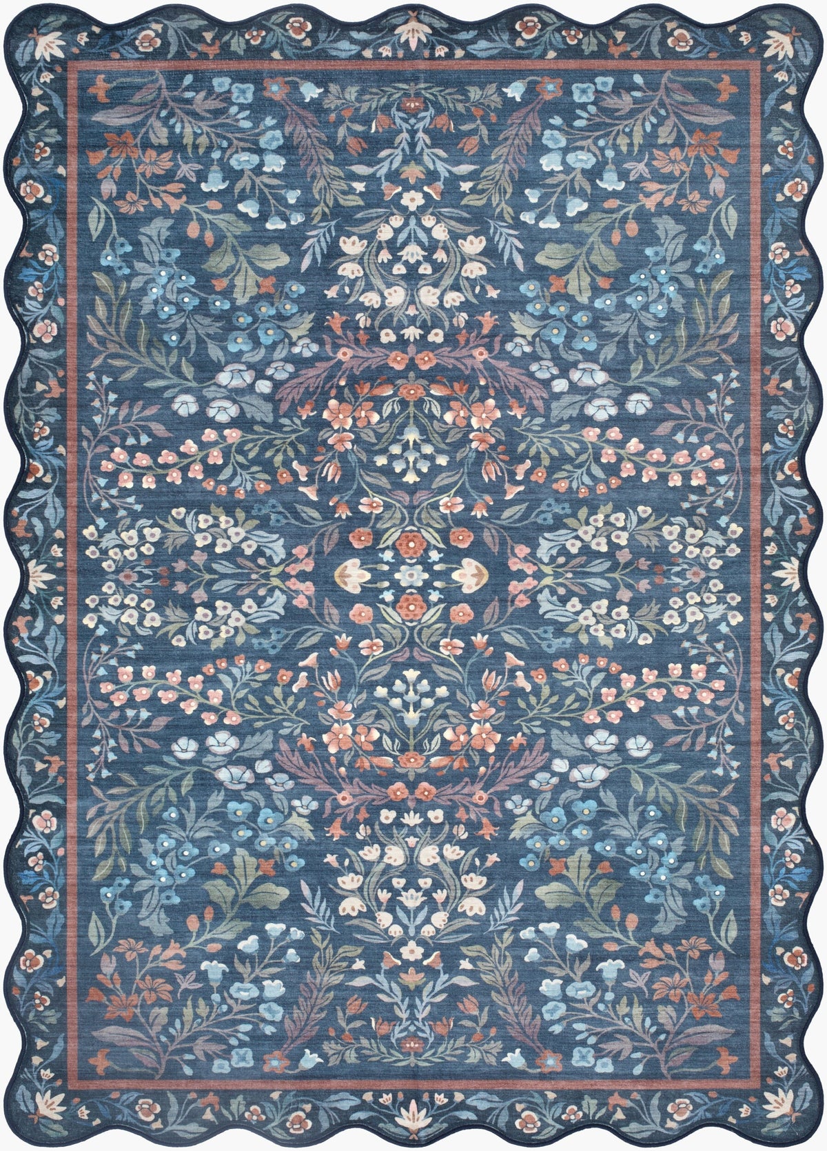 Pepo Blue Floralnature Machine Woven Polyester Washable Area Rug