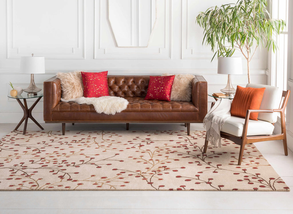Elsu Beige & Burgundy Hand Woven Wool Area Rug