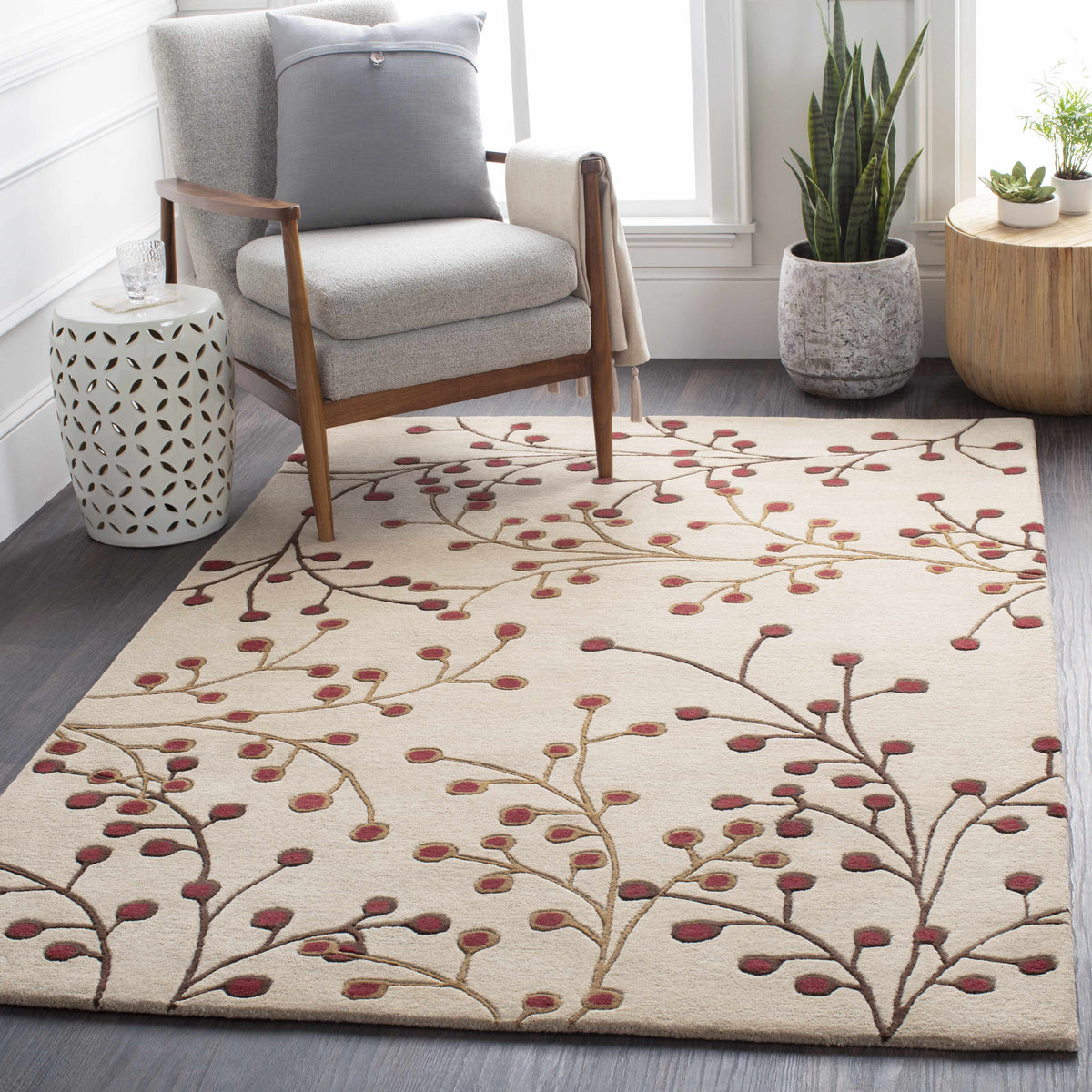 Elsu Beige & Burgundy Hand Woven Wool Area Rug