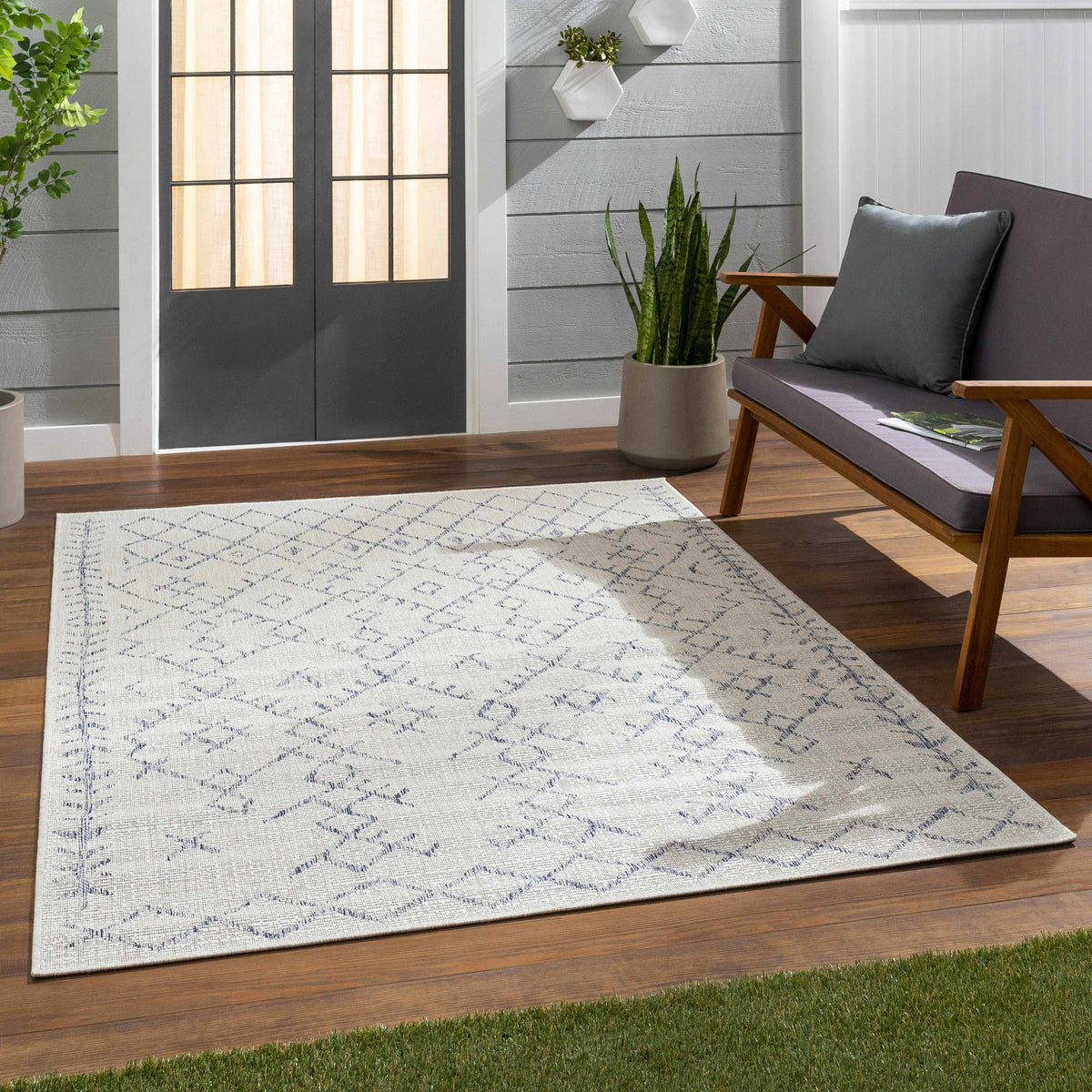 Maunawili Blue Detailed Gray Outdoor Rug - Clearance