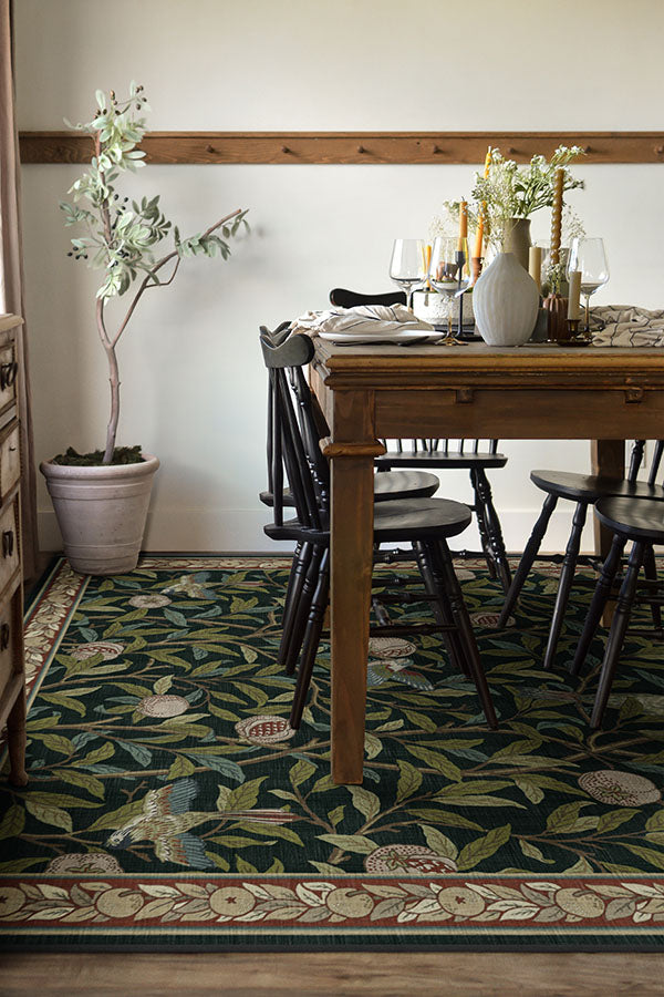 Bird & Pomegranate Teal Green Flatwoven Rug by Morris & Co.