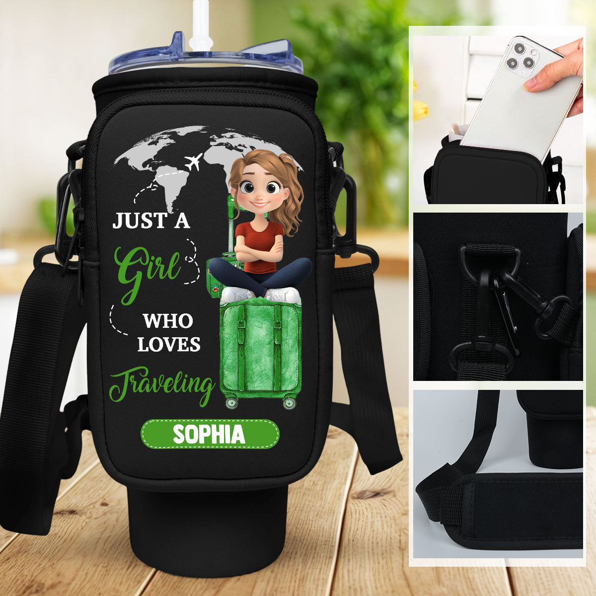A Girl Loves Traveling - Personalized 40oz Water Bottle Carrier Bag